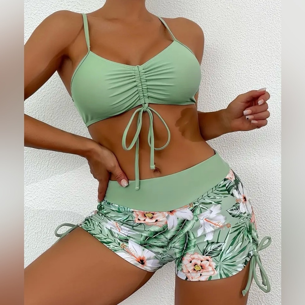 Tropical Floral Drawstring Top High Waisted Shorts Swimwear Set - Picture 4 of 8